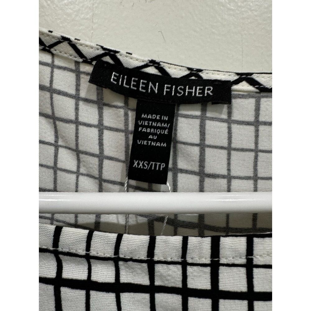 Eileen Fisher Textured Crepe Grid Long Shell  XXS Bateau-Neck Black White - Picture 3 of 6